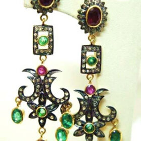 rose cut earrings 10.4 Tcw Emerald, Ruby Rose Cut Diamond 925 Sterling Silver antique vintage jewelry