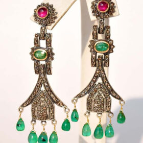 uncut earrings 17.8 Tcw Emerald, Ruby Rose Cut Diamond 925 Sterling Silver vintage diamond jewelry