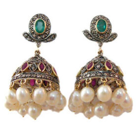 antique earrings 24 Tcw emerald, ruby, pearl Rose Cut Diamond 925 Sterling Silver victorian jewelry