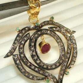 vintage pendant 2.92 Tcw Ruby, Emerald Rose Cut Diamond 925 Sterling Silver vintage jewelry
