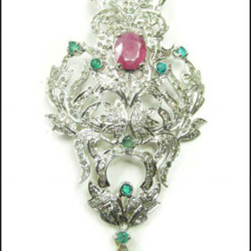 sterling silver pendants 12.75 Tcw Ruby, Emerald, Onyx Rose Cut Diamond 925 Sterling Silver vintage art deco jewelry