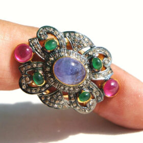 vintage rings 4.58 Tcw Emerald, Ruby, Sapphire Rose Cut Diamond 925 Sterling Silver vintage diamond jewelry