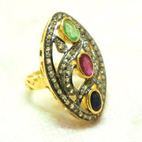 rose cut rings 3.8 Tcw Emerald, Ruby, Sapphire Rose Cut Diamond 925 Sterling Silver antique jewelry