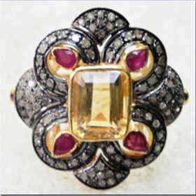 uncut ring 4.4 Tcw ruby, golden topaz Rose Cut Diamond 925 Sterling Silver vintage jewelry