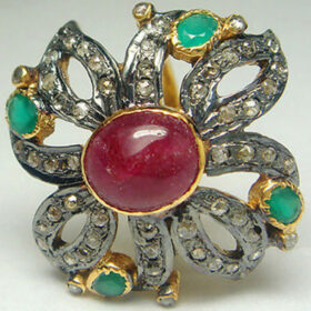 rose cut rings 6.65 Tcw Ruby, Emerald Rose Cut Diamond 925 Sterling Silver vintage jewelry