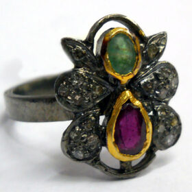 vintage rings 1.95 Tcw Ruby, Emerald Rose Cut Diamond 925 Sterling Silver victorian jewelry