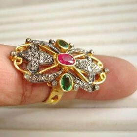antique rings 2.35 Tcw Ruby, Emerald Rose Cut Diamond 925 Sterling Silver antique jewelry