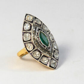 polki rings 2.76 Tcw Emerald Rose Cut Diamond 925 Sterling Silver fine antique jewelry