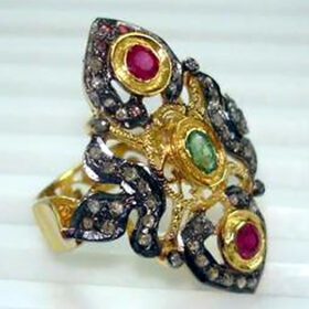 antique rings 1.8 Tcw Ruby, Emerald Rose Cut Diamond 925 Sterling Silver vintage style jewelry