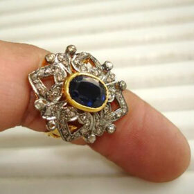 polki rings 1.8 Tcw Blue Sapphire Rose Cut Diamond 925 Sterling Silver art deco jewelry