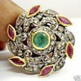 polki rings 3.25 Tcw Emerald, Ruby Rose Cut Diamond 925 Sterling Silver vintage diamond jewelry