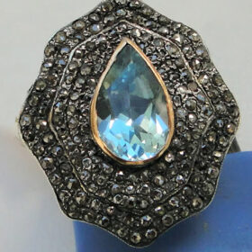 vintage engagement rings 4.1 Tcw Blue Topaz Rose Cut Diamond 925 Sterling Silver vintage art deco jewelry