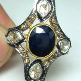 vintage engagement rings 1.96 Tcw Blue sapphire Rose Cut Diamond 925 Sterling Silver vintage art deco jewelry