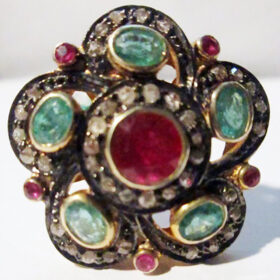 uncut ring 3.6 Tcw Ruby, Emerald Rose Cut Diamond 925 Sterling Silver vintage art deco jewelry