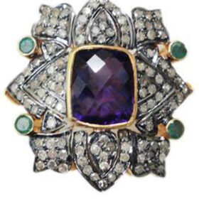 vintage engagement rings 4.2 Tcw Amethyst, Emerald Rose Cut Diamond 925 Sterling Silver victorian jewelry