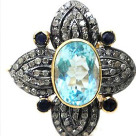 vintage rings 4.15 Tcw blue sapphire, topaz Rose Cut Diamond 925 Sterling Silver vintage jewelry