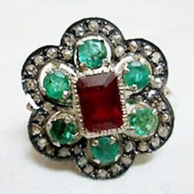 vintage rings 5.7 Tcw Ruby, Emerald Rose Cut Diamond 925 Sterling Silver antique vintage jewelry