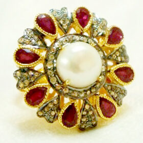 antique rings 7.5 Tcw Ruby, Pearl Rose Cut Diamond 925 Sterling Silver vintage diamond jewelry