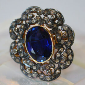 polki rings 5 Tcw Blue Sapphire Rose Cut Diamond 925 Sterling Silver victorian jewelry