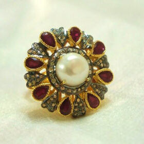 uncut ring 7.14 Tcw Ruby, Pearl Rose Cut Diamond 925 Sterling Silver vintage style jewelry