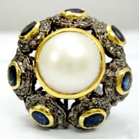 victorian rings 8.9 Tcw Blue Sapphire, Pearl Rose Cut Diamond 925 Sterling Silver antique jewelry