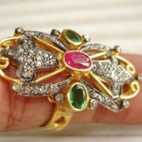 vintage engagement rings 1.8 Tcw Emerald, Ruby Rose Cut Diamond 925 Sterling Silver vintage style jewelry