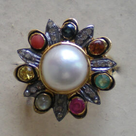 polki rings 10.44 Tcw emerald, ruby, sapphire, pearl Rose Cut Diamond 925 Sterling Silver fine antique jewelry