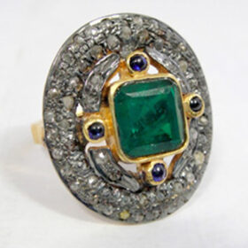 vintage engagement rings 3.55 Tcw Emerald, sapphire Rose Cut Diamond 925 Sterling Silver fine antique jewelry