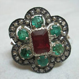 victorian rings 5.75 Tcw Ruby, Emerald Rose Cut Diamond 925 Sterling Silver vintage style jewelry