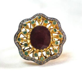 vintage engagement rings 5.16 Tcw Emerald, Ruby Rose Cut Diamond 925 Sterling Silver antique jewelry