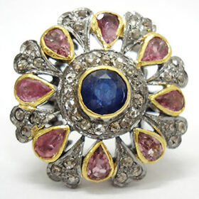 vintage engagement rings 4.4 Tcw Ruby, Blue Sapphire Rose Cut Diamond 925 Sterling Silver vintage style jewelry