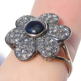 victorian rings 2.4 Tcw Blue Sapphire Rose Cut Diamond 925 Sterling Silver vintage art deco jewelry