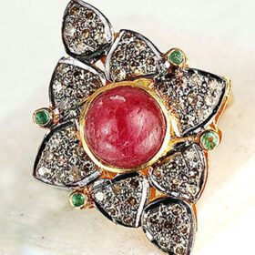 rose cut rings 3.5 Tcw Ruby, Emerald Rose Cut Diamond 925 Sterling Silver victorian jewelry