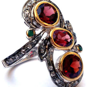 victorian rings 3.76 Tcw Ruby, Emerald Rose Cut Diamond 925 Sterling Silver fine antique jewelry