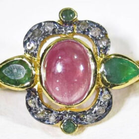 victorian rings 3.5 Tcw Ruby, Emerald Rose Cut Diamond 925 Sterling Silver antique jewelry