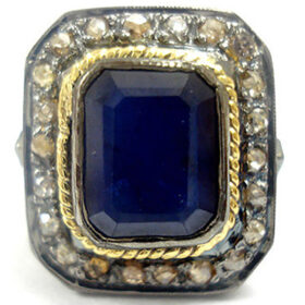 polki rings 2.55 Tcw Blue Sapphire Rose Cut Diamond 925 Sterling Silver antique vintage jewelry