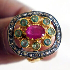 uncut ring 2.44 Tcw Ruby, emerald Rose Cut Diamond 925 Sterling Silver fine antique jewelry