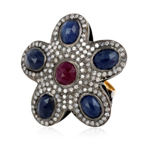 antique rings 8.2 Tcw Ruby, Blue Sapphire Rose Cut Diamond 925 Sterling Silver antique vintage jewelry