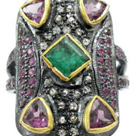 vintage engagement rings 2.94 Tcw Ruby, Emerald Rose Cut Diamond 925 Sterling Silver art deco jewelry