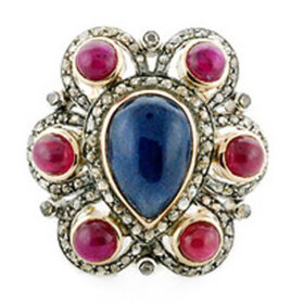 polki rings 6.94 Tcw Ruby, sapphire Rose Cut Diamond 925 Sterling Silver vintage jewelry
