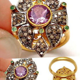 vintage rings 3.35 Tcw Amethyst, emerald Rose Cut Diamond 925 Sterling Silver vintage art deco jewelry