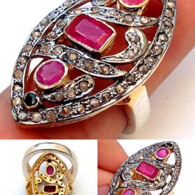 rose cut rings 3.37 Tcw Ruby, Sapphire Rose Cut Diamond 925 Sterling Silver antique jewelry