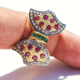 uncut ring 2.35 Tcw Emerald, Ruby Rose Cut Diamond 925 Sterling Silver antique vintage jewelry