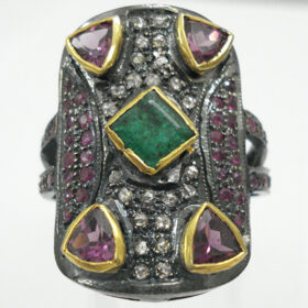 vintage engagement rings 3.5 Tcw Emerald, Ruby Rose Cut Diamond 925 Sterling Silver vintage diamond jewelry