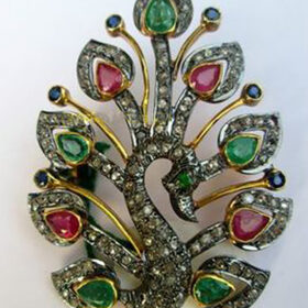 polki rings 1.6 Tcw emerald, ruby, sapphire Rose Cut Diamond 925 Sterling Silver vintage diamond jewelry