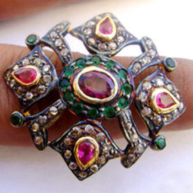 vintage engagement rings 4 Tcw Emerald, Ruby Rose Cut Diamond 925 Sterling Silver antique jewelry