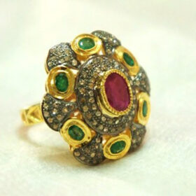 vintage rings 4.22 Tcw Emerald, Ruby Rose Cut Diamond 925 Sterling Silver antique vintage jewelry