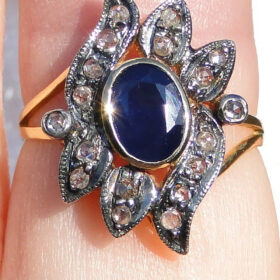 polki rings 2.05 Tcw Blue Sapphire, Pearl Rose Cut Diamond 925 Sterling Silver fine antique jewelry