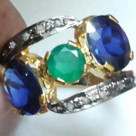 antique rings 2.84 Tcw Emerald, Sapphire Rose Cut Diamond 925 Sterling Silver antique jewelry