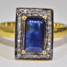 polki rings 2.83 Tcw Blue Sapphire Rose Cut Diamond 925 Sterling Silver vintage jewelry